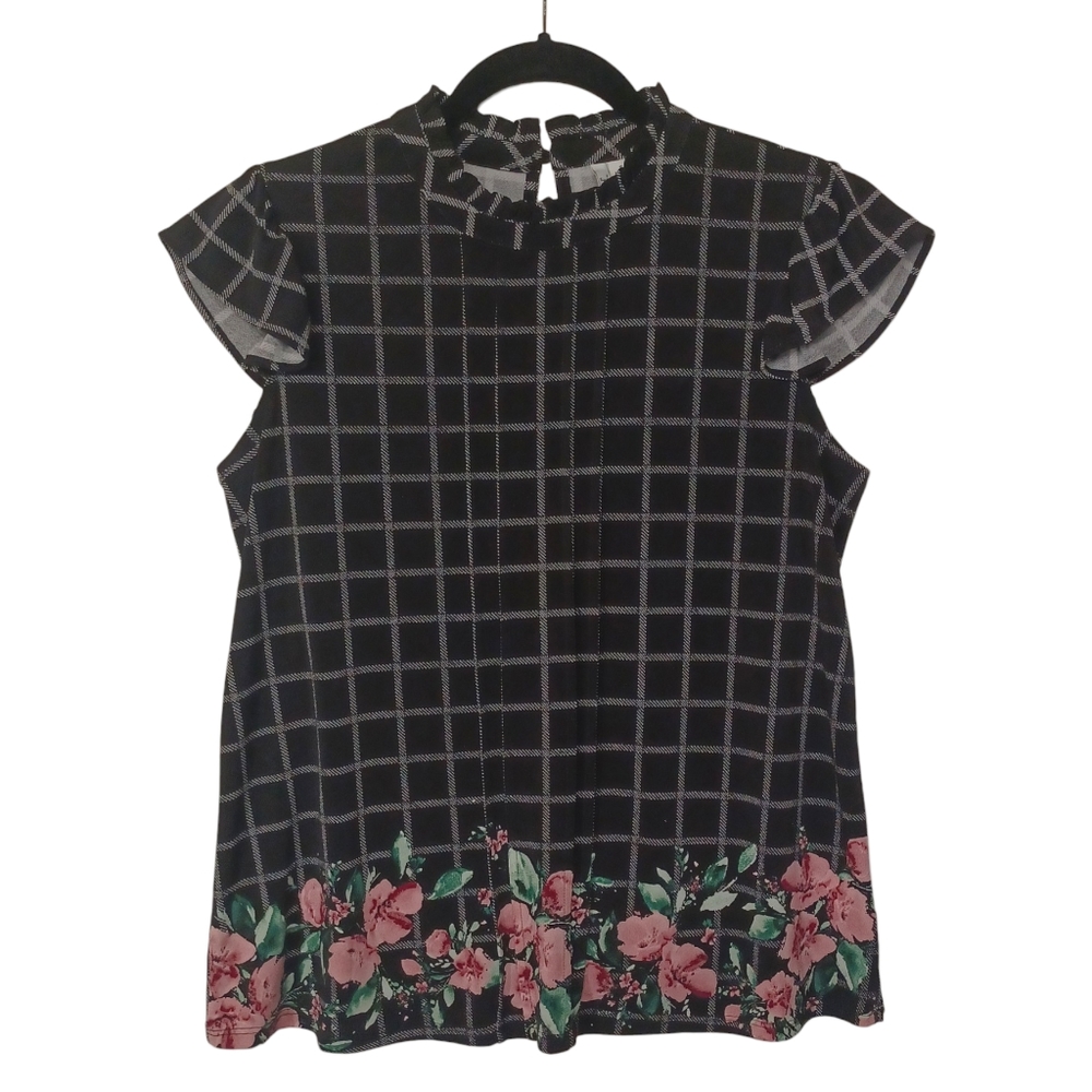 ELLE Plaid Print Pink Green Floral Print Flutter Sleeve Black Stretchy Top Small